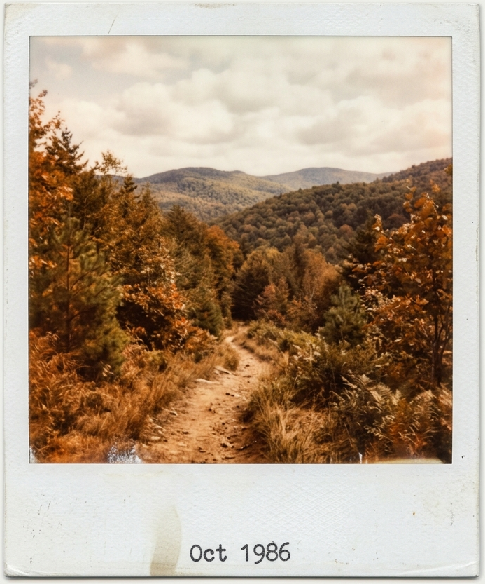 An authentic 1980s polaroid photograph of nature, depicting a path leading through a lush forest and mountains, taken on a vintage instant camera with a distinct warm orange cast.